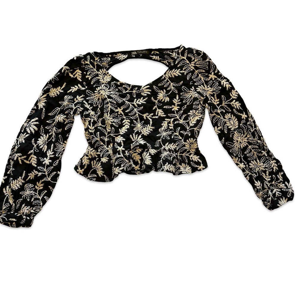 Zara Black and White Embroidered Blouse